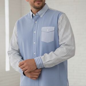 Ralph Lauren Mens XXL Blue Colorblock Oxford Shirt Oversized Stripe Sleeves